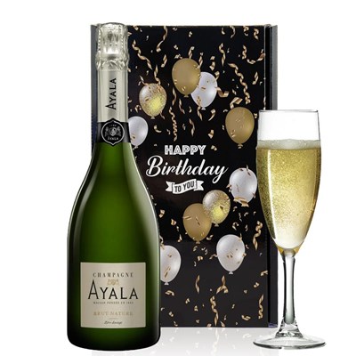 Ayala Brut Nature Champagne 75cl And Flute Happy Birthday Gift Box